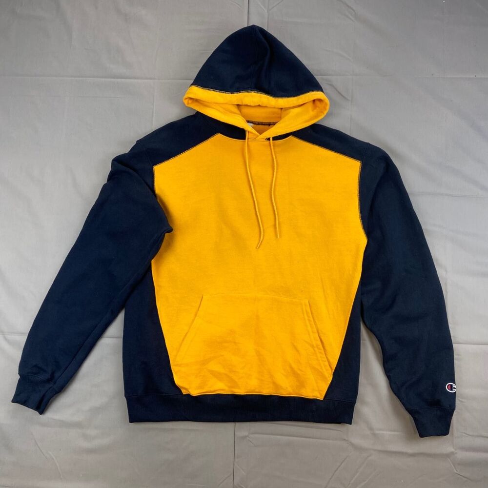 Champion Men's M Eco Authentic Colorblock Pullover Hoodie Navy Gold 50 Cotton